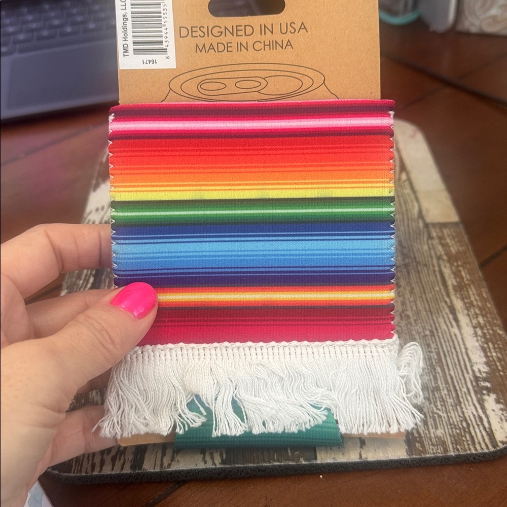 NEW! Southwestern CAN COOLER Boho Rainbow Stripe Can Cooler with Fringe - Picture 3 of 3